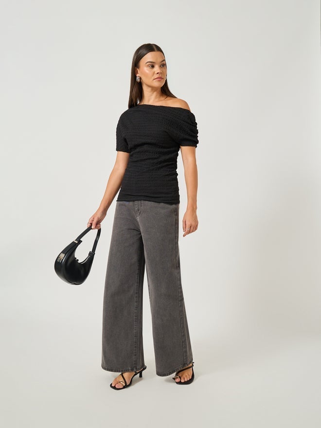 Styli Women Black Textured Asymmetric Neck Knit Top - Image 2